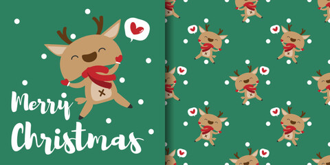 Christmas holidays banner and seamless pattern of cute reindeer wearing red scarf with snowflakes and Merry Christmas text on green background. Vector illustration for winter holidays.