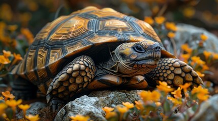 Obraz premium A dignified tortoise slowly exploring a rock garden, with detailed textures of its shell and skin, set in a peaceful, natural setting.