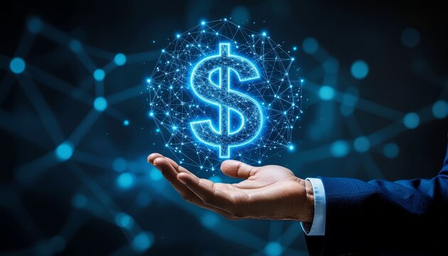 Digital dollar sign glowing above open hand