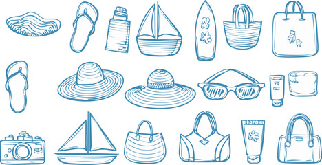 Vector Illustration of Whimsical Hand-Drawn Light Blue Beach Essentials Including Wide-Brim Hats, Flip-Flops, Sunscreen Bottles, Surfboards, Sailboats, Sunglasses, and Vintage Cameras 