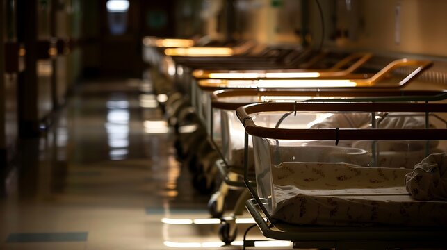 Empty Hospital Nursery Room with Rows of Bassinets