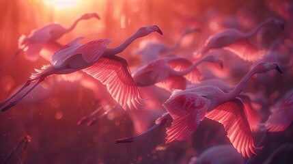 A flock of flamingos taking flight at sunset, their pink hues contrasted against the darkening sky, creating a spectacular and dynamic scene.
