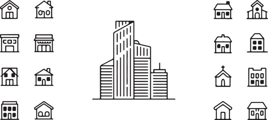 Fototapeta premium Urban & Suburban Building Icon Set – Line Art Homes, Shops, and Skyscrapers for Real Estate, Maps, and Architecture Design