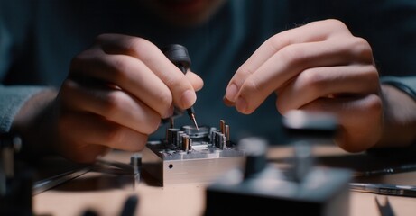 Precision assembly of miniature components requires steady hands and specialized tools. Meticulous work for intricate electronic systems.