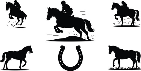 Equestrian Silhouettes on Horseback Riding Sport Animal Racing Competition Ranch Farm Lifestyle