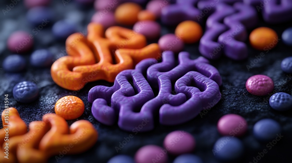 Fototapete close-up view of colorful, 3d modeled organic structures on a dark background