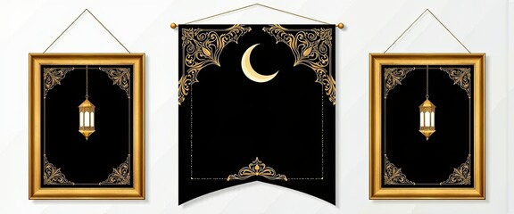 Ornamental Eid al-Adha banner, decorative Islamic frames with crescent and lanterns.