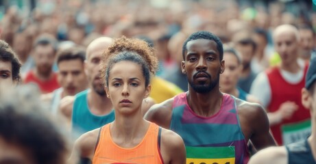 Focused marathon runners in a sea of participants, showcasing determination and athletic spirit. Crowded race for a great cause.