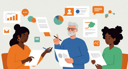 Diverse Team Collaborating on Documents and Data During a Business Meeting