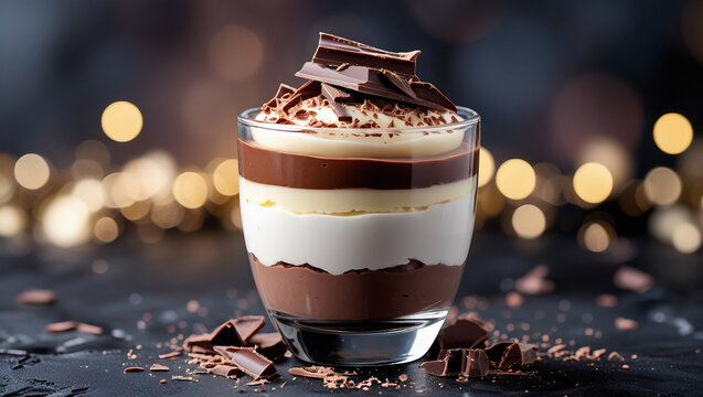 Layered chocolate mousse in glass cup with dark, milk, and white layers, topped with shavings. Perfect for dessert menus, patisserie ads, and luxury food branding.
