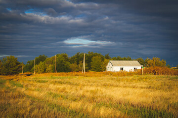 White house in norway. Lonely house in field in Scandinavian style at sunset..