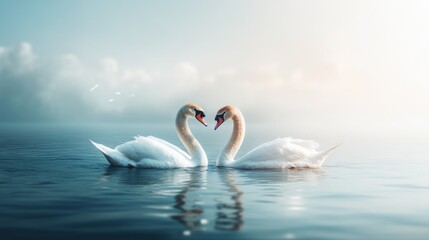 Fototapeta premium Two swans facing each other, heads close, creating a heart shape