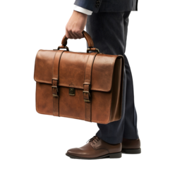 A businesswoman holding a briefcase in one hand, wearing formal attire and standing confidently, isolated on a white background
