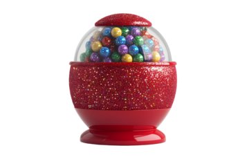 Festive gumball machine with a glittery red finish and colorful gum balls