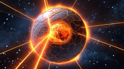 Glowing cracked planetary sphere with fiery molten core and bright energy beams radiating in outer space against a starry cosmic backdrop
- Powered by Adobe