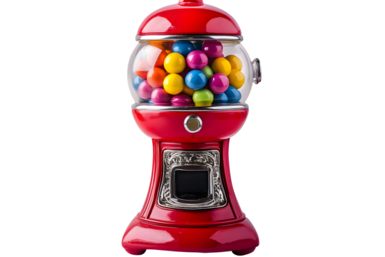 Vibrant Red Gumball Machine Displaying Colorful Candies on a Black Backdrop
