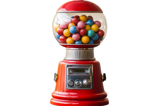 Retro red gumball machine filled with colorful sweets against black background