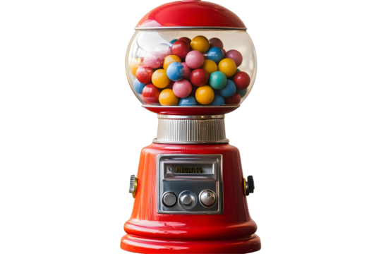 Retro red gumball machine filled with colorful sweets against black background