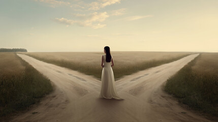 Abstract image of a woman at a fork in the road frozen in contemplation representing the timeless human struggle of making irreversible decisions that define who we become