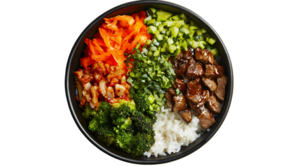 Overhead shot of a bowl with rice, broccoli, beef, cucumbers, and other vegetables in a black bowl isolated on transparent background