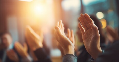 Audience applauds, hands raised in support and admiration. Sunlight creates warm atmosphere in the room, symbolizing success and appreciation.