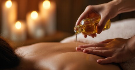 Relaxing massage with aromatherapy oils in a spa setting with soft candle lighting creates a calming experience for wellness and self care.