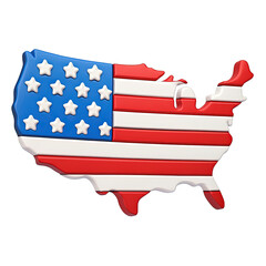 A red, white and blue American flag is cut out of a map of the United States. The stars on the flag are evenly spaced and the stripes are red, white and blue