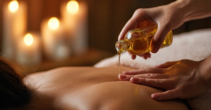 Relaxing massage with aromatherapy oils in a spa setting with soft candle lighting creates a calming experience for wellness and self care.