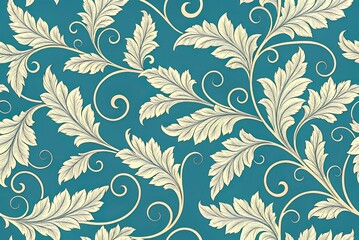 Elegant teal background adorned with swirling vines and intricately detailed leaves in a cream color, creating a sophisticated and classic botanical pattern suitable for diverse creative projects.