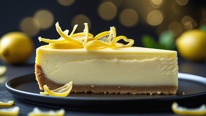 Silky lemon cheesecake slice with candied peel on black plate. Golden crust contrasts creamy center. Dark background with golden bokeh. Perfect for dessert menus.