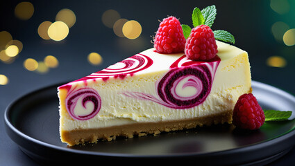 Creamy cheesecake with raspberry swirls on black plate. Fresh berries and mint garnish. Golden bokeh backdrop adds luxury. Perfect for dessert menus