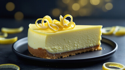 Elegant lemon cheesecake slice on black plate. Candied peel and golden crust add texture. Subtle green bokeh hints freshness. Ideal for patisserie branding.