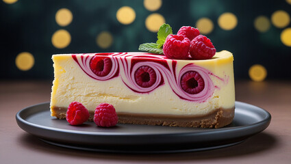 Top view of cheesecake slice with vibrant berry swirls and buttery crust. Matte plate contrasts smooth texture. Ideal for bakery promotions.