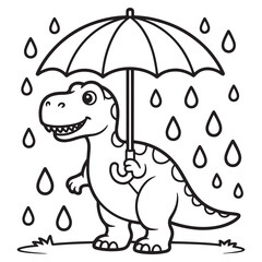 Dinosaur in Rain with Umbrella Coloring Page