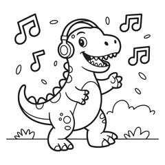 Dinosaur Listening to Music with Headphones Coloring Page
