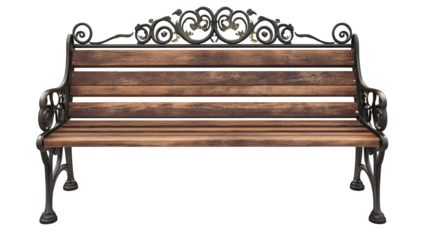 A realistic rendering of a section of a public bench made of wood and metal, isolated on Transparent background.