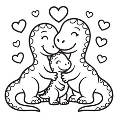 Dinosaur Family Hug with Hearts Coloring Page