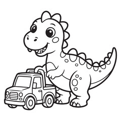 Cute Dinosaur Playing with Toy Truck Coloring Page