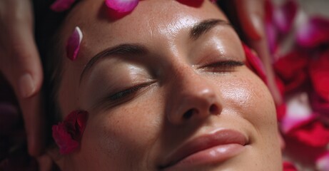 Woman relaxing with rose petal facial. Serene, peaceful atmosphere. Wellness and self-care for glowing skin. Pampering experience with flowers.