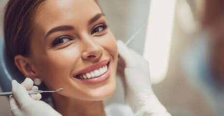 Smiling Woman in Dental Chair with Dentist Examining Teeth. Excellent oral health and dental hygiene shown with beautiful, white teeth.