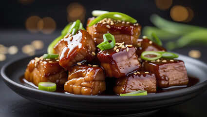 Tender sticky pork with thick glaze and fresh herbs. Dark moody background enhances richness. Perfect for food blogs.