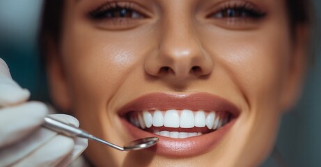Smiling patient receiving dental check-up. Healthy white teeth and perfect lips under dental examination. Dental care for beautiful smile.