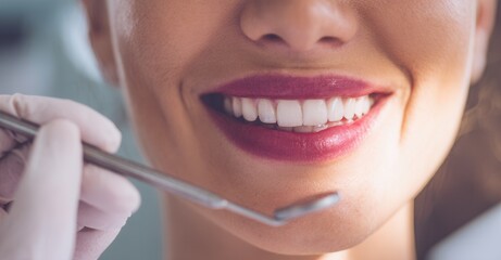 Dental professional examines a patient's perfect white teeth with a dental mirror, set against a soft background, reflecting oral health.