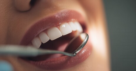 Close-up: Dental exam reveals pristine teeth under a dental mirror, showcasing oral care. Healthy gums and perfect smile concept.