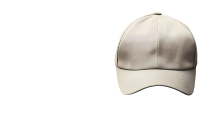 Close up of a beige baseball cap with a curved brim  in studio lighting isolated on transparent background