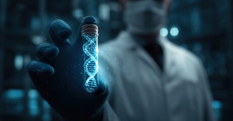 Scientist holding a test tube with glowing DNA structure, representing genetic research and scientific advancement in laboratory setting.