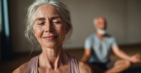 Serene senior woman meditating, eyes closed, embodying peace and wellness.  Background shows another person in yoga pose, health and fitness.
