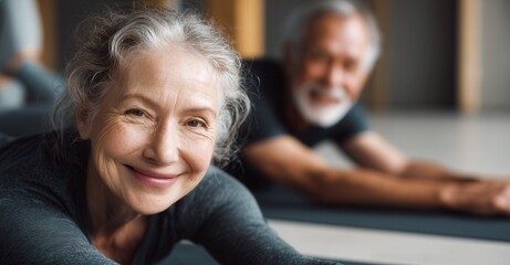 Mature woman smiles during exercise, with partner in background. Fitness and healthy lifestyle for active seniors. Wellbeing emphasized.
