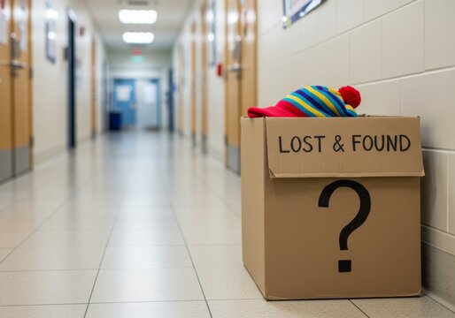 Lost and found box with hat in school hallway