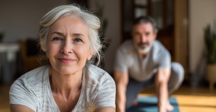 Couple embracing wellness through yoga at home. Focus on the woman in the foreground, radiating tranquility and well-being.